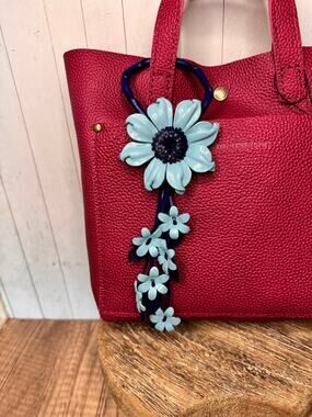 Blue Leather Purse Charm Blue Flower Charm Genuine Leather Daisy Bag Charm NEW!